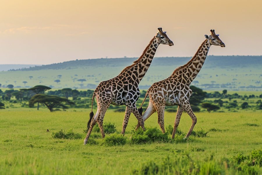 two giraffes gracefully walking through a lush, green landscape Ai generated