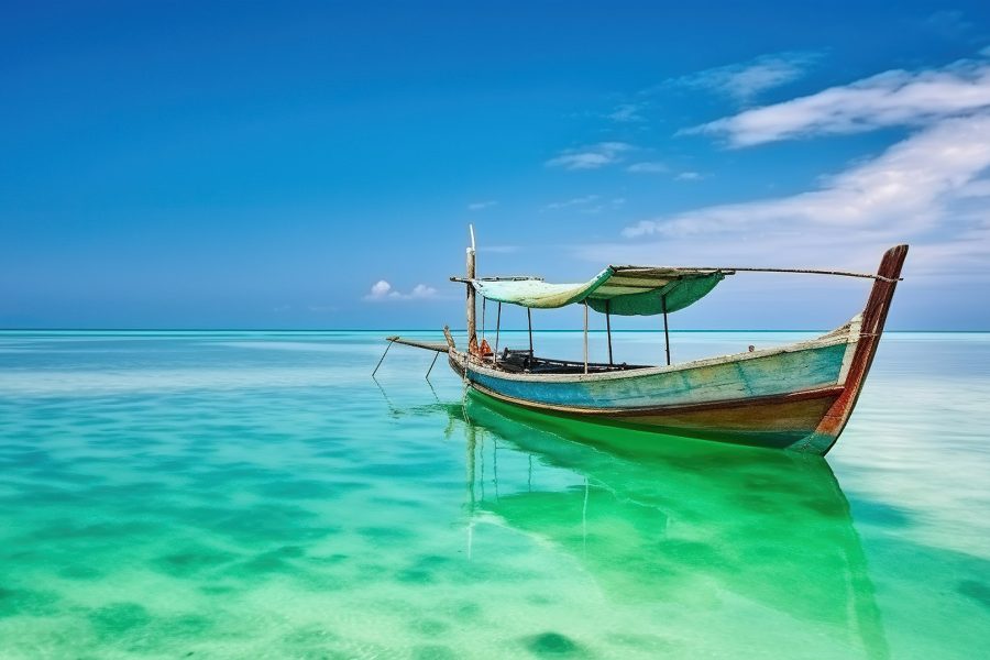 Silence in emerald water and sky around alone boat in Zanzibar. Generative AI